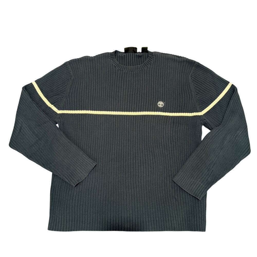 Vintage Timberland Ribbed Pullover Cotton Sweater Green Cream Stripe Men XL Fall